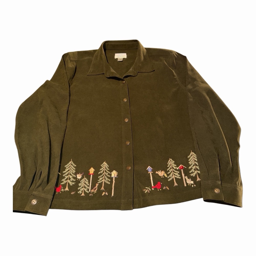 Christopher & Banks Jacket Women L Green Olive Holiday Birds Trees Embroidery